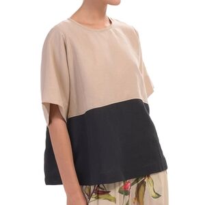 Alembika Belle Linen Tencel Top Size 18 Boxy Oversize Short Sleeve Khaki Black